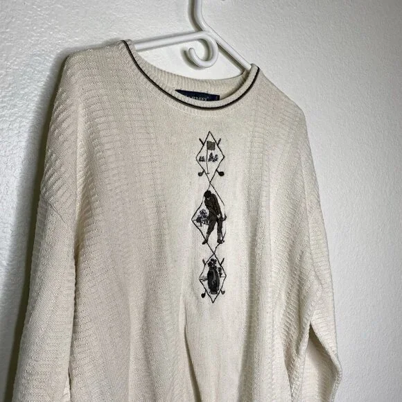 Vintage Golf Sweater Carmel Men's White Sz L Embroidered Pullover Preppy Cotton
